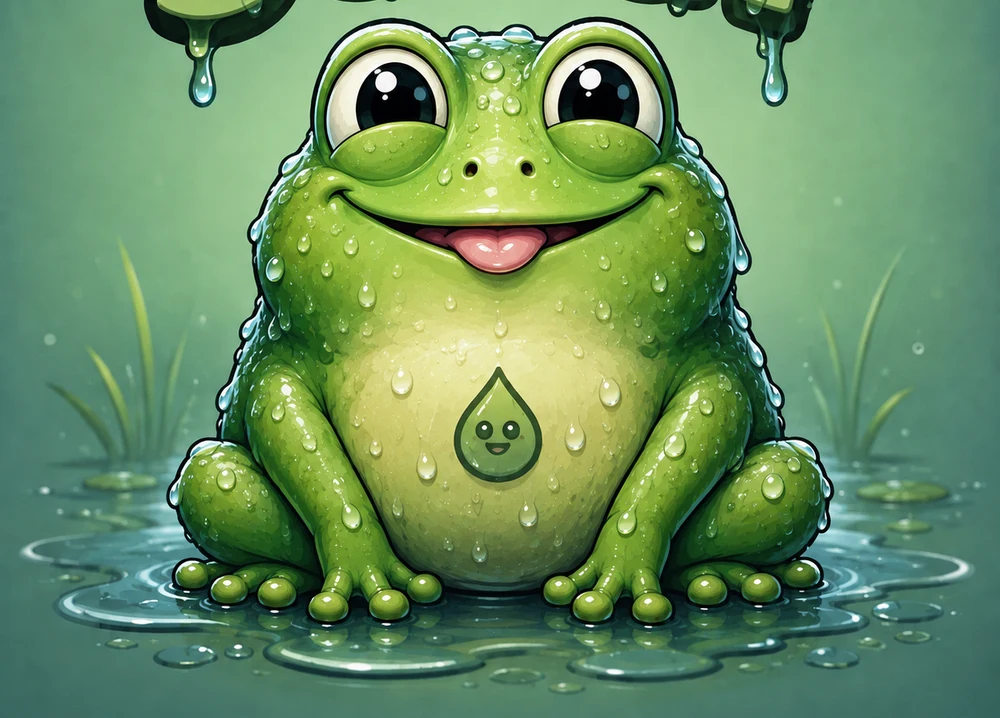 SOGGY, the wet frog mascot sitting in a pond
